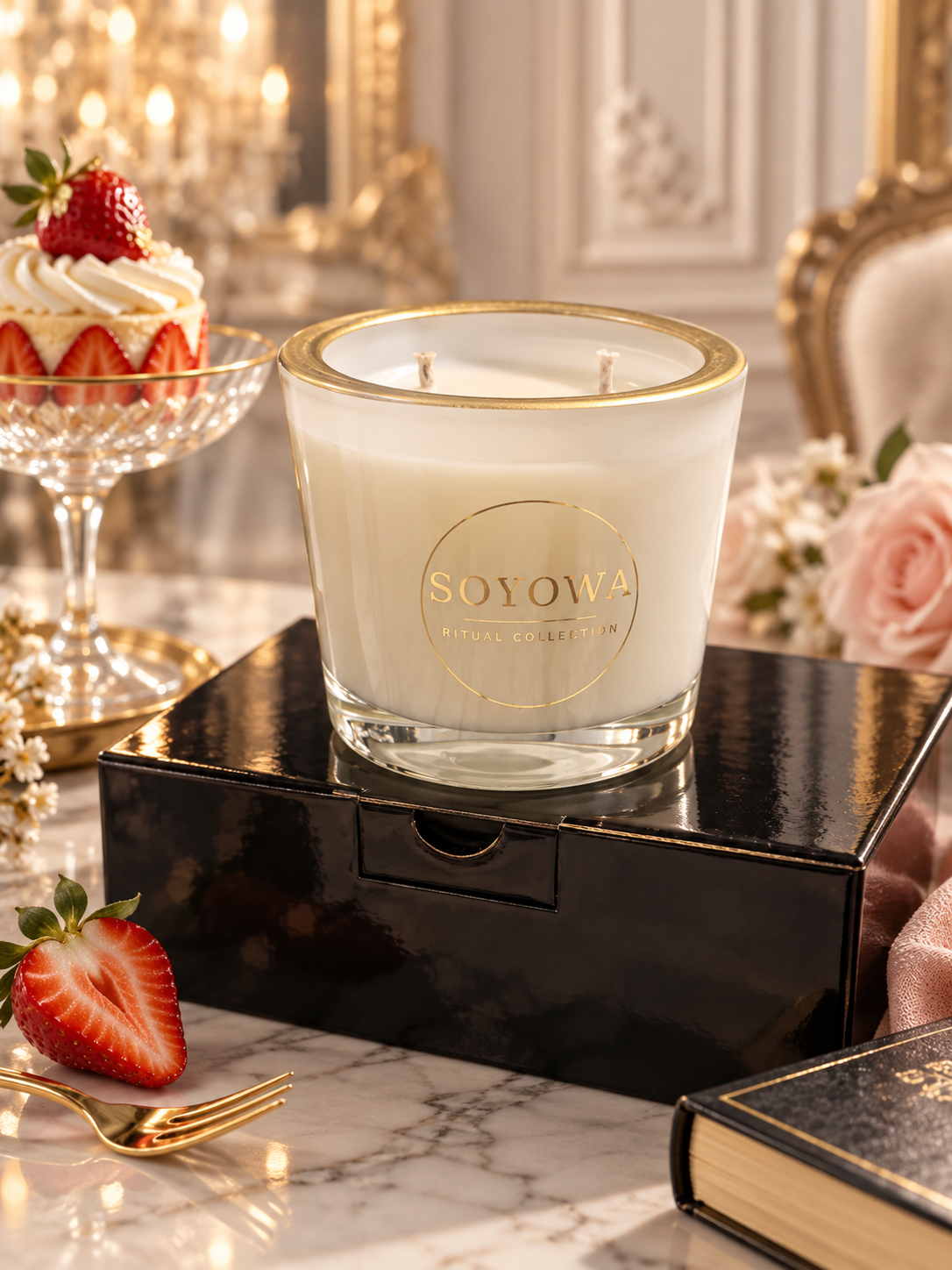 LUX Strawberry Creamcake — biała świeca Soyowa ze złotym rantem i dwoma knotami